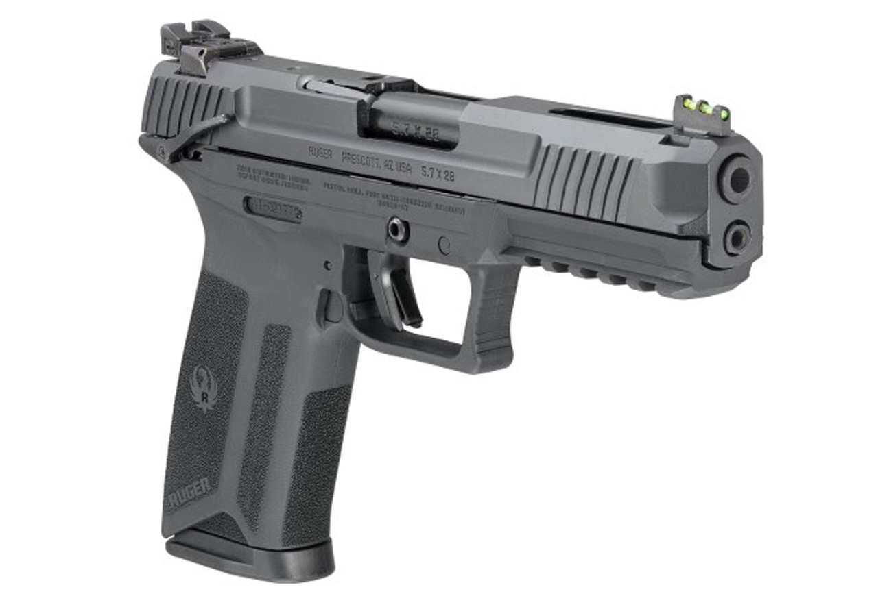 Ruger 57 5.7x28mm, 4.9" Barrel, Fiber Optic Front, Black, 20rd Mag Ruger 57 5.7x28mm, 4.9" Barrel, Fiber Optic Front, Black, 20rd Mag