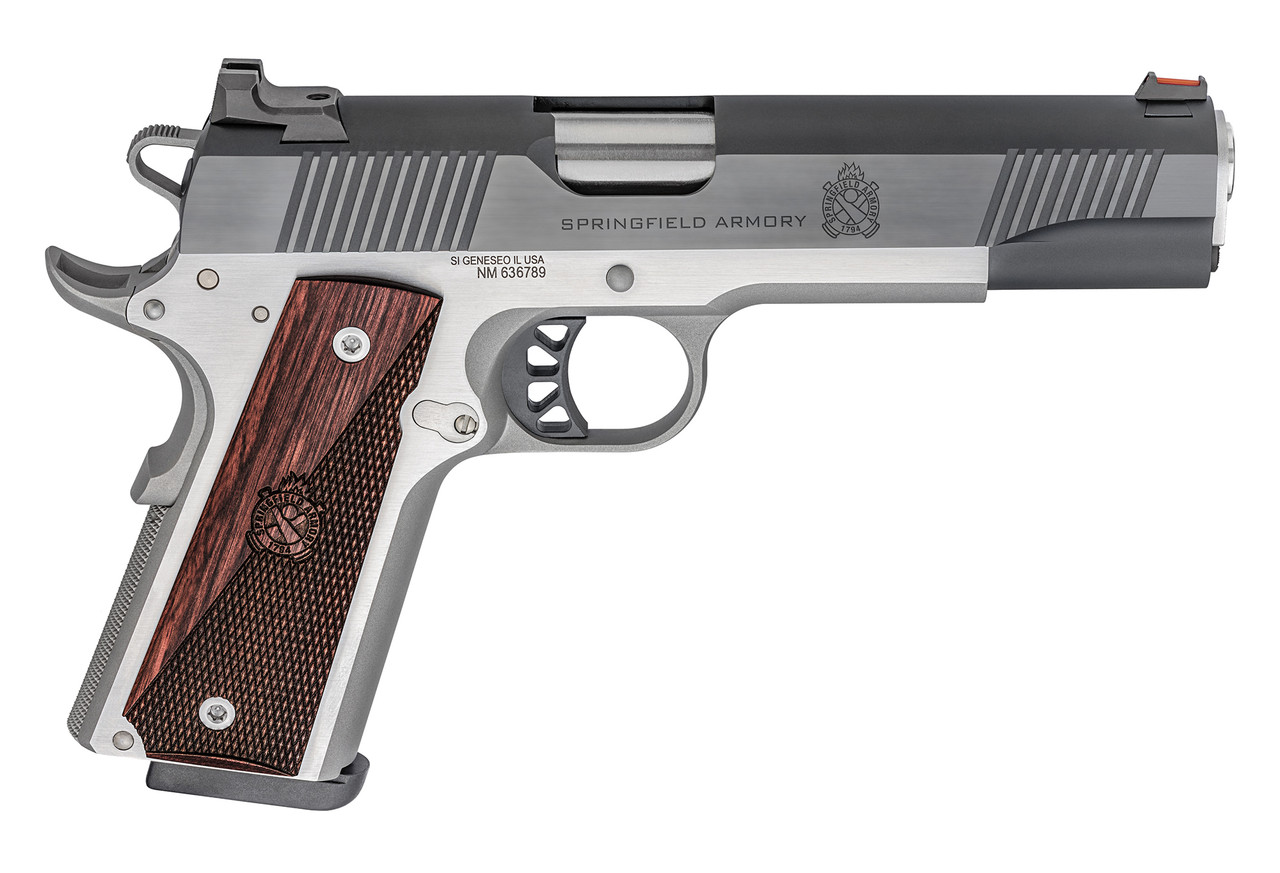 Springfieldngfield, Ronin, Semi-automatic, 1911, Full Size, 10MM, 5" Barrel, Blued Slide, Wood Grips, Stainless Frame, Fiber Optic Front Sight, 1 Mag, 8Rd Springfieldngfield, Ronin, Semi-automatic, 1911, Full Size, 10MM, 5" Barrel, Blued Slide, Wood Grips, Stainless Frame, Fiber Optic Front Sight, 1 Mag, 8Rd