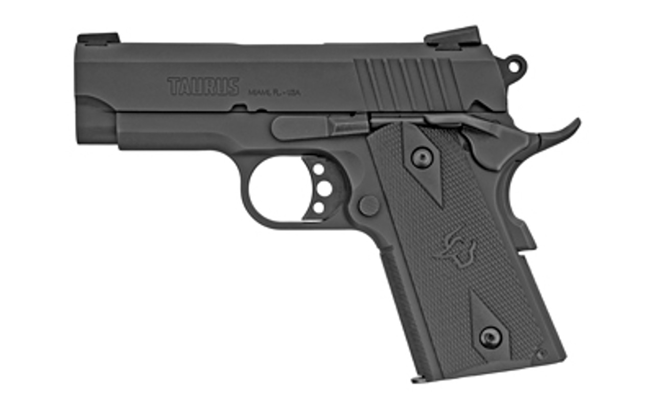 Taurus, PT1911, Officer, 3.5" Barrel, Steel Frame, Blue Finish, Rubber Grips, Heinie Sights, with Rail, 8Rd, 2 Magazines Taurus, PT1911, Officer, 3.5" Barrel, Steel Frame, Blue Finish, Rubber Grips, Heinie Sights, with Rail, 8Rd, 2 Magazines
