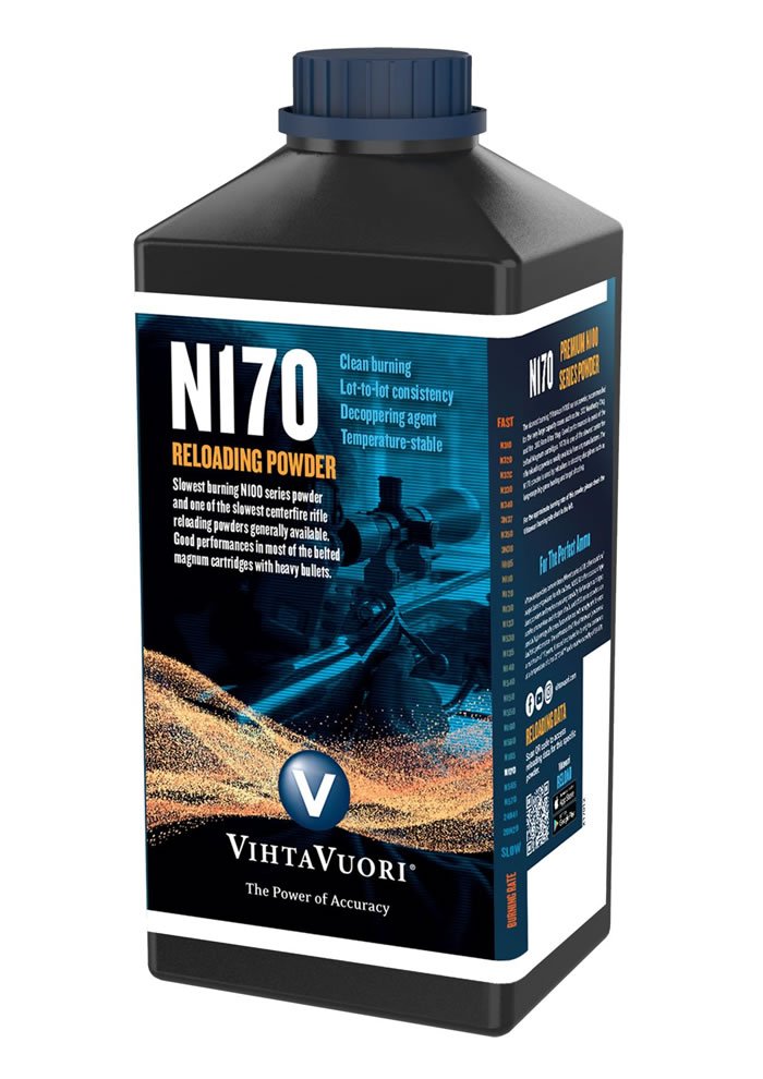 Vihtavuori N170 Smokeless Gun Powder - 1 lb Container for Rifle Reloading Vihtavuori N170, smokeless gun powder, rifle reloading powder, slow burn powder, 1 lb powder, Vihtavuori powder, reloading supplies, precision shooting powder
